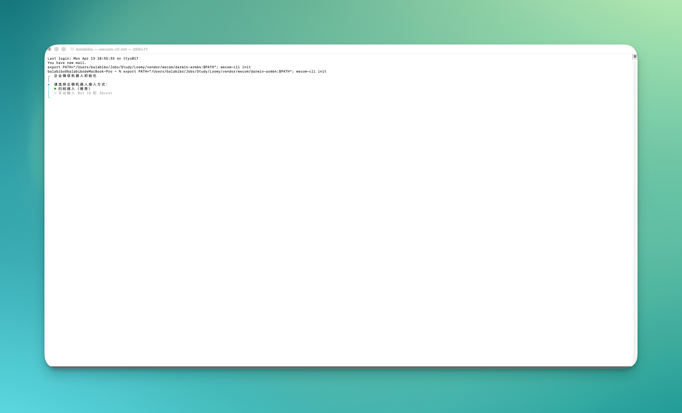 终端中按提示完成企业微信 CLI 初始化