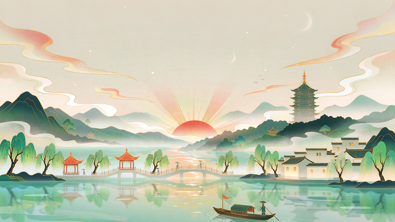 西湖黄昏，一叶扁舟归航的国潮插画