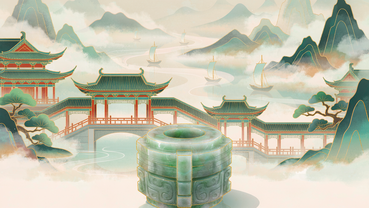 良渚玉琮与宋式建筑的历史文脉插画