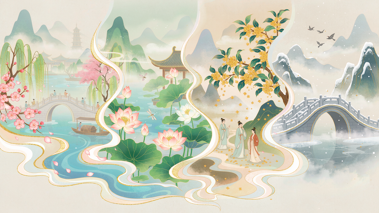 西湖春夏秋冬四季同框插画