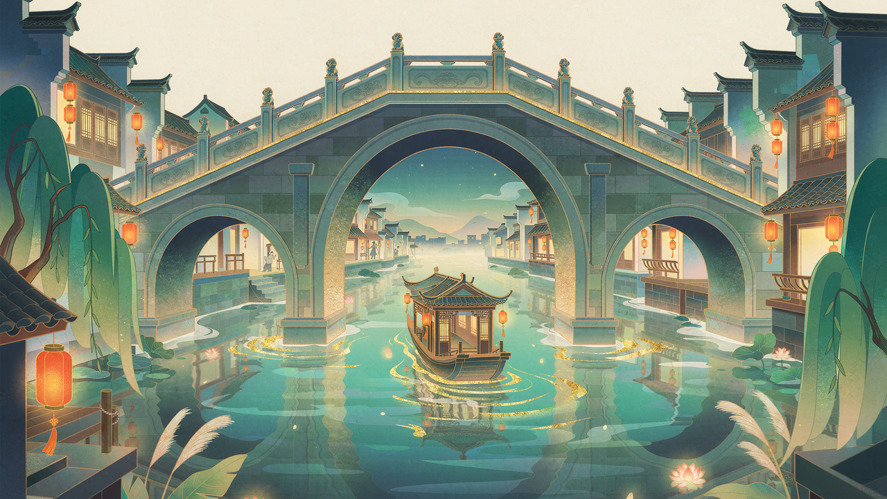 拱宸桥运河夜航插画