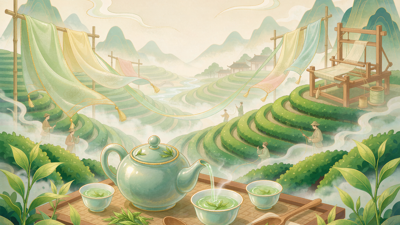 龙井茶园与丝绸织锦插画