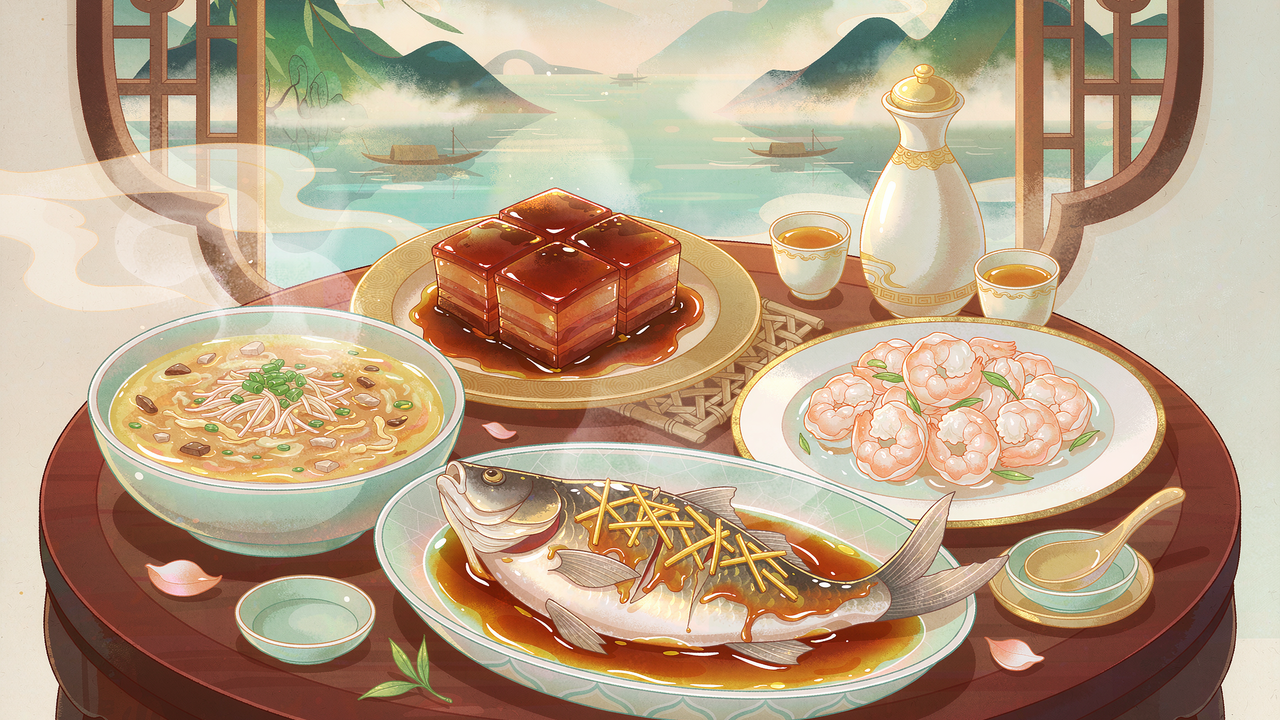 西湖醋鱼、东坡肉等杭帮菜插画