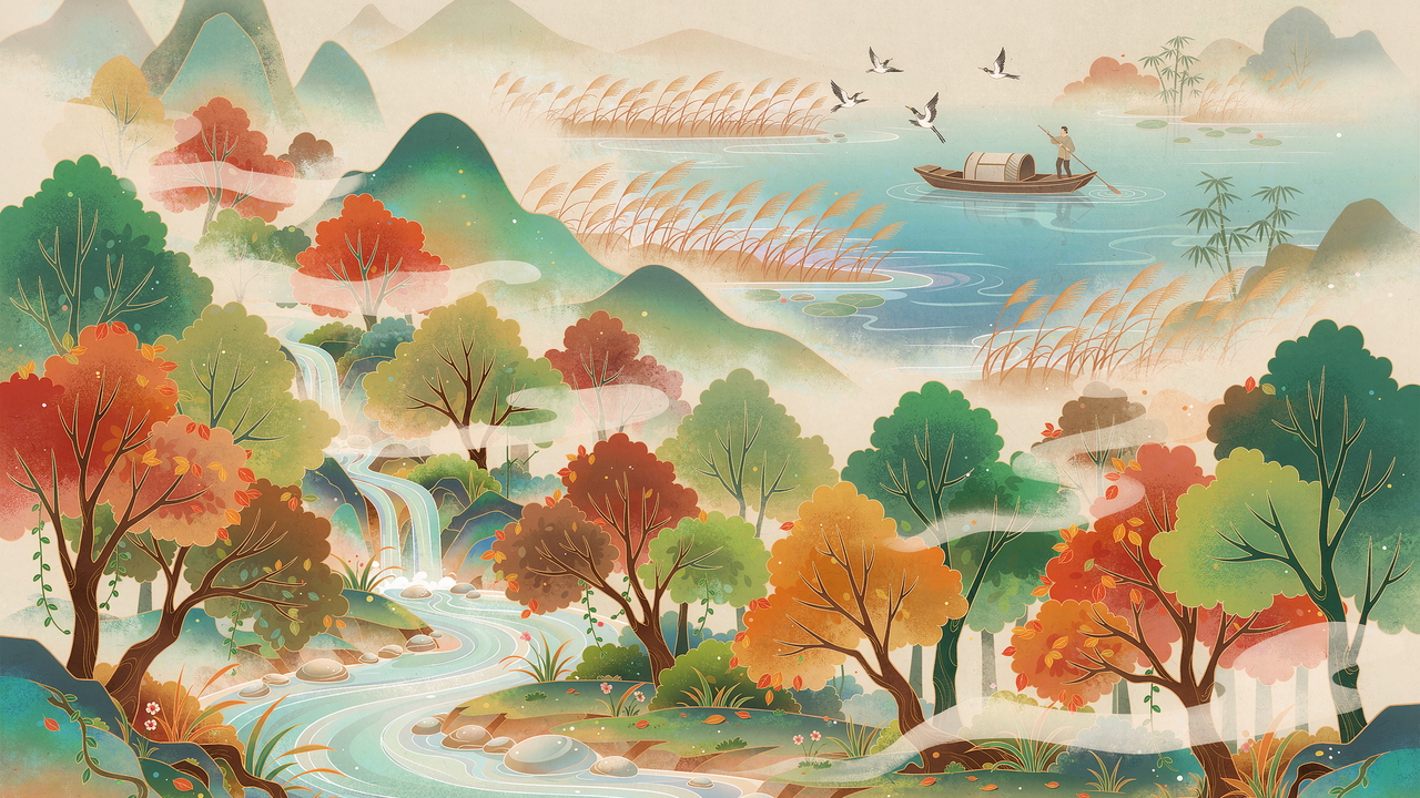 九溪溪流与西溪摇橹船插画