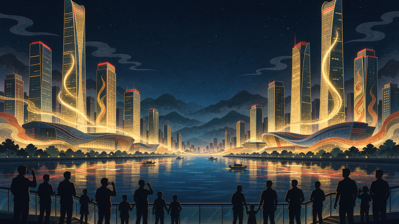 钱江新城灯光秀夜景插画