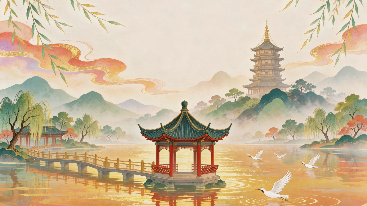 集贤亭与雷峰塔同框的经典机位插画