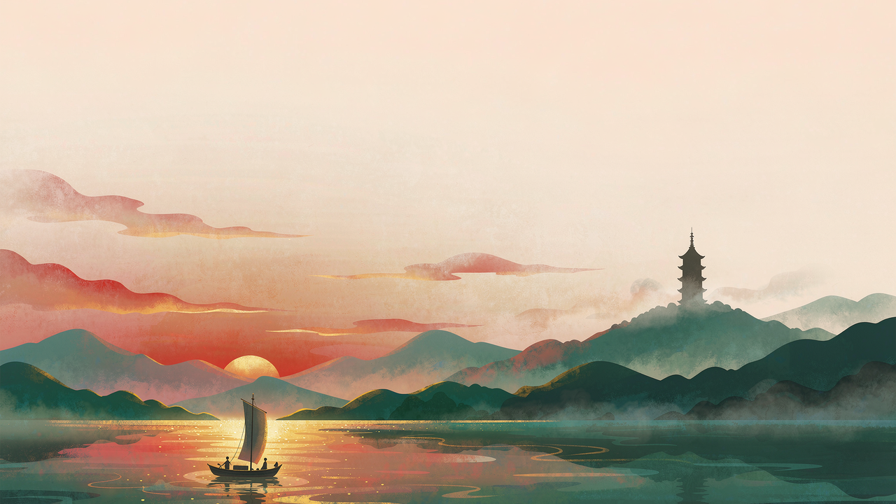 西湖黄昏归帆的收尾插画